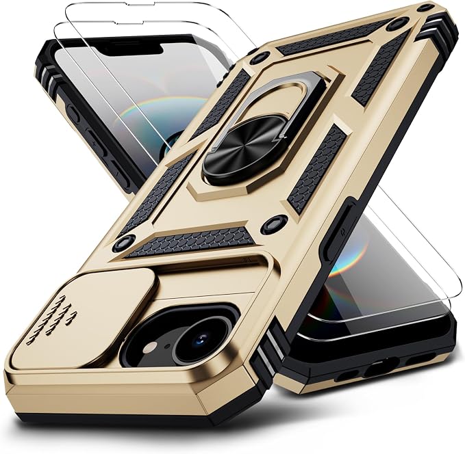 for iPhone 17e Case & iPhone 16e Case with 2X HD Screen Protector & Slide Camera Cover & Rotated Ring Kickstand, Rugged Heavy Duty Protective Phone Case for iPhone 17e/16e 6.1", Gold by Muntinfe