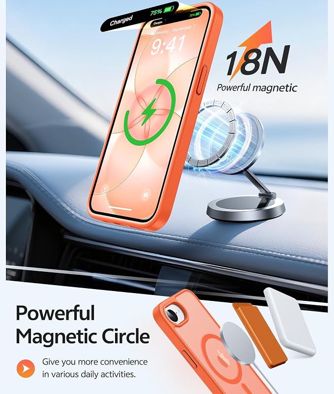 FNTCASE for iPhone 17e/ iPhone 16e Case, Fit for Magsafe, Screen Protector | Translucent Matte Magnetic Back, 14FT Military Grade Drop Protection, Shockproof Protective Phone Cover, Orange - Image 3