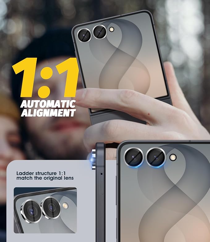 Orzero (2 Sets) Camera Lens Protector for Samsung Galaxy Z Flip 8/Flip 7, [EZ Install] [Case-Friendly] 9H Tempered Glass CD Pattern Lens Cover, Military-Grade Shockproof, HD Clarity Anti-Glare - Sliver - Image 6