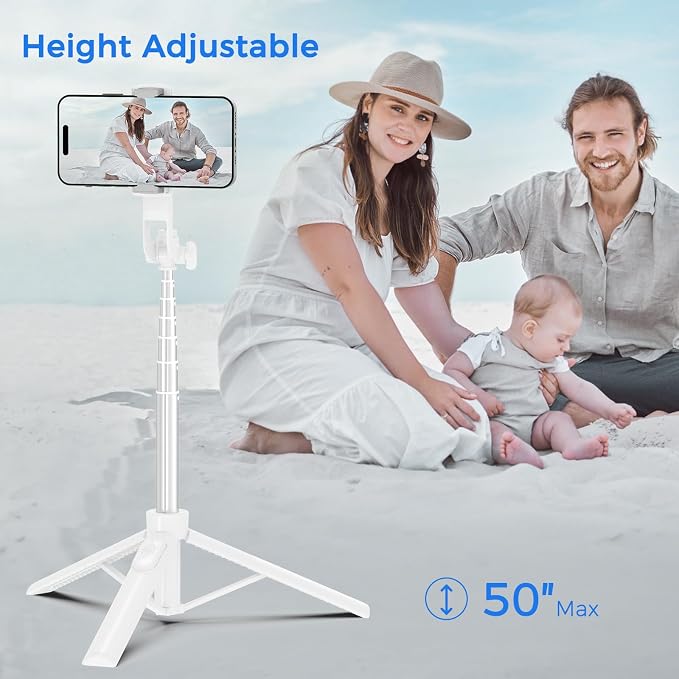 Selfie Stick Tripod for Phone with Remote Control & Holder, 50 Inch, White | Extendable Selfie Stick Travel for iPhone, iPhone Tripod for Video Recording - Image 3