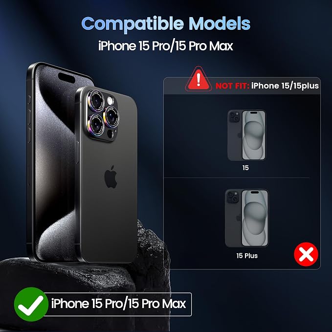 CACOE Metal Camera Lens Protector for iPhone 15 Pro/15 Pro Max | Tempered Glass Cover, Anti-Scratch, Drop-Proof, Strong Adhesion, Camera Screen Cover Accessories, Colorful - Image 7