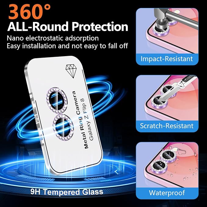 for Samsung Galaxy Z Flip 8 Camera Lens Protector, Individual Metal Ring Tempered Glass Lens Cover, [Strong Adsorption] Scratch Resistant Ultra-Thin HD Clear Lens Cover, 1 Set-Purple Diamond - Image 2