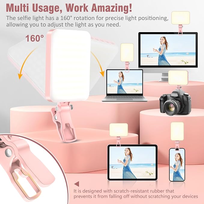 60 LED Portable Selfie Light Video Conference Lighting with Clip & Camera Tripod Adapter Rechargeable 2200mAh CRI 97+, 9 Light Modes for Phone iPhone Webcam Laptop Photo Makeup - Image 2