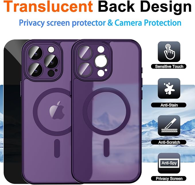 for iPhone 15 Pro Case with Privacy Screen Protector, Purple | Full Camera Protection, Translucent Matte Magnetic, Compatible with MagSafe, Shockproof Phone Cover, Slim Fit Women/Girls - Image 2