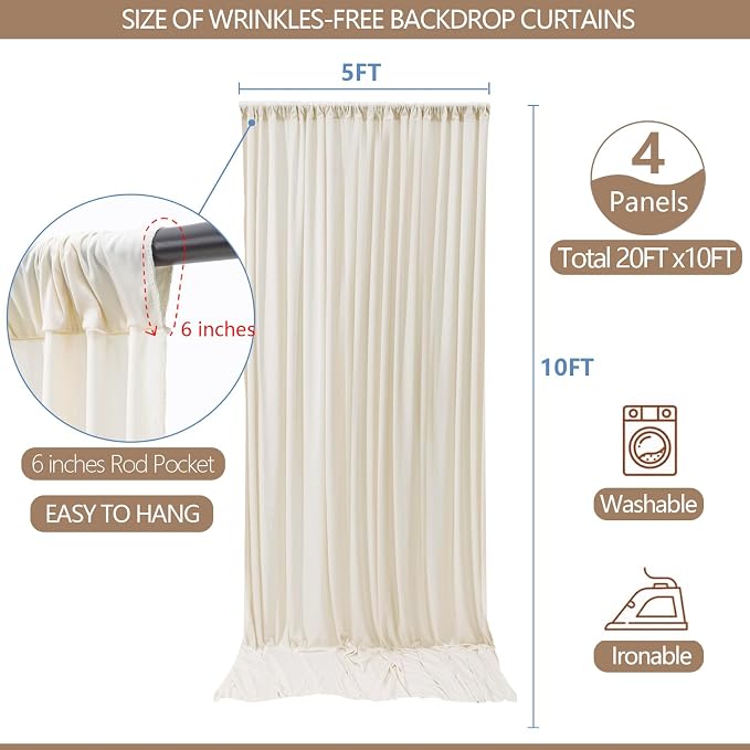 20x10ft Wrinkle Free Ivory Backdrop Curtain for Parties Soft Fabric Drapes Wedding Ivory Curtain Backdrop for Birthday Party Decorations Background for Photography 5x10ft,4 Panels - Image 3