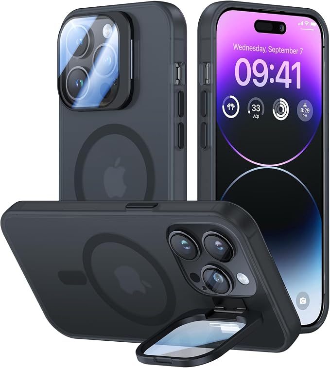 VOFATA for iPhone 13 Pro Case with Camera Cover Stand [Built-in 9H Camera Lens Protector][Fit for Magsafe] Military Grade Shockproof Translucent Matte Magnetic Phone Case 6.1",Black by VOFATA