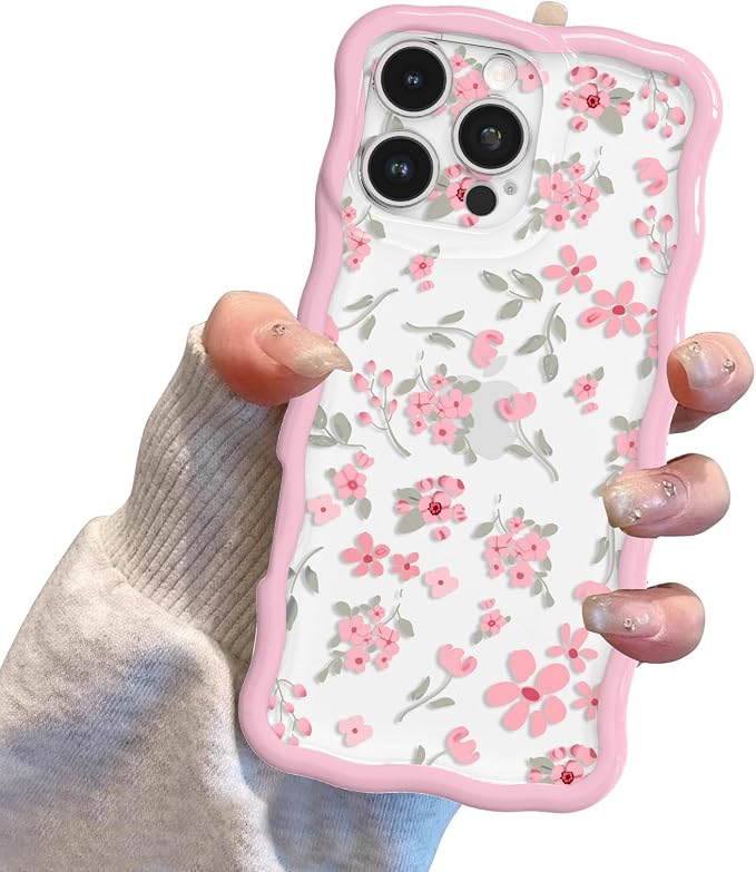 QLTYPRI for iPhone 15 Pro Max Pink Flower Case, Clear Cute Pink Floral Flower Phone Case Curly Wavy Aesthetic Phone Cover, Soft Slim Transparent TPU Shockproof Protective Cover for Women Girls - Pink - Image 7