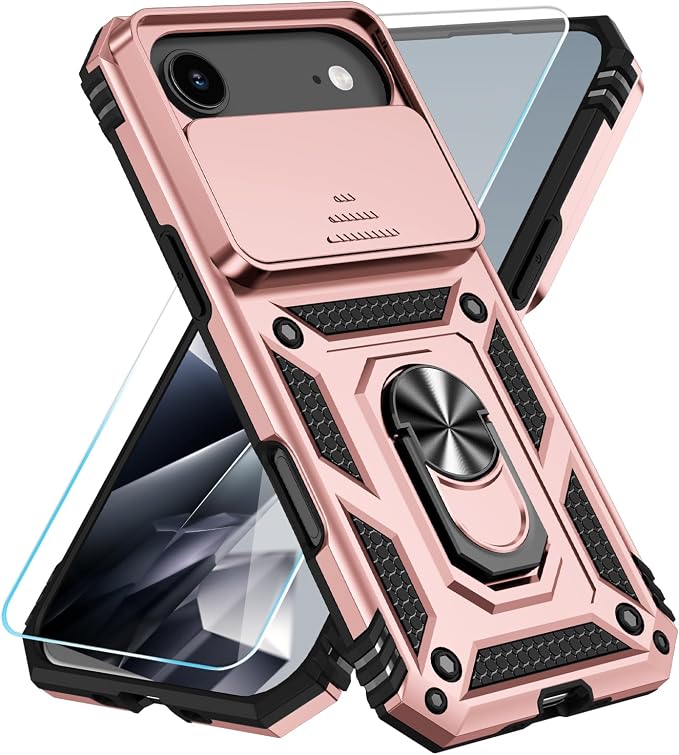 SunStory Phone Case for iPhone Air Case with HD Screen Protector & Slide Camera Cover & Rotated Ring Kickstand, [Military-Grade] Phone Case for iPhone 17 Air, Rose Gold by SunStory