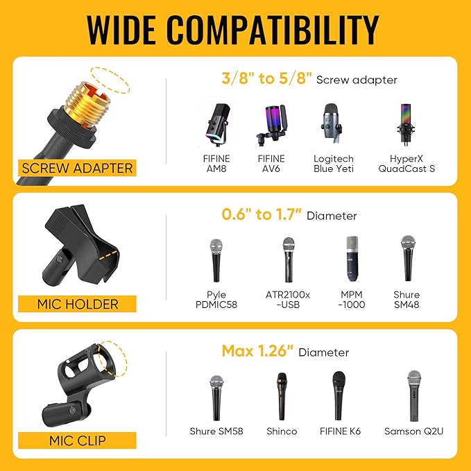 Microphone Stand for Light Microphone less than 1 LB - Tripod Boom Arm Mic Stand with Carrying Bag, 2 Mic Clips and Screw Adapter Portable for Singing Performance Wedding Stage and Mic Mount - Image 6