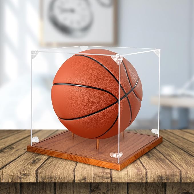 Clear Acrylic Basketball Display Case with Wood Base & Tee, Memorabilia Stand Cube Holder, Dust Protection Transparent Storage Box for Single Ball Souvenir Basketball Collections - Image 3