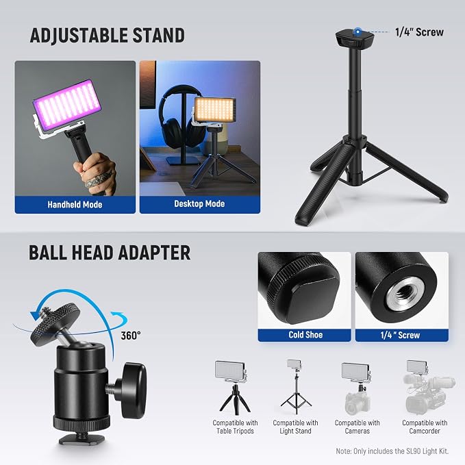 NEEWER 12W RGB Video Light, On Camera LED Panel Key Lighting for Streaming Selfie, 2500K-10000K CRI97+ App/2.4G Control 4300mAh Battery Desk Tripod Stand for Vlogging Video Recording Podcast, SL90 - Image 7