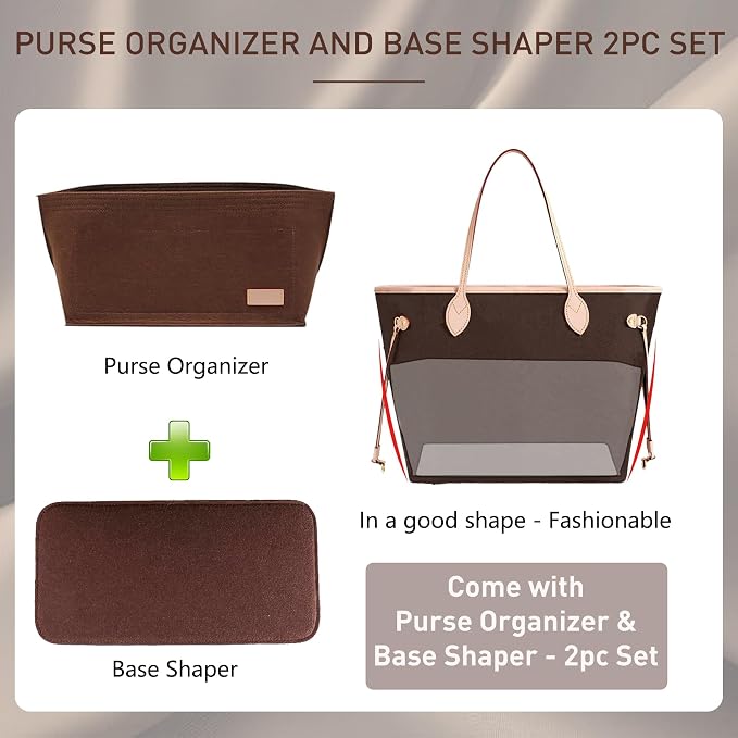 Doxo Purse Organizer Insert for Handbags & Base Shaper 2pc Set, Felt Neverfull MM Organizer Insert, Tote Bag Organizer with Zipper Pocket and Bottle Holder, Fit Speedy 30 Neverfull MM and More,Brown-L - Image 3