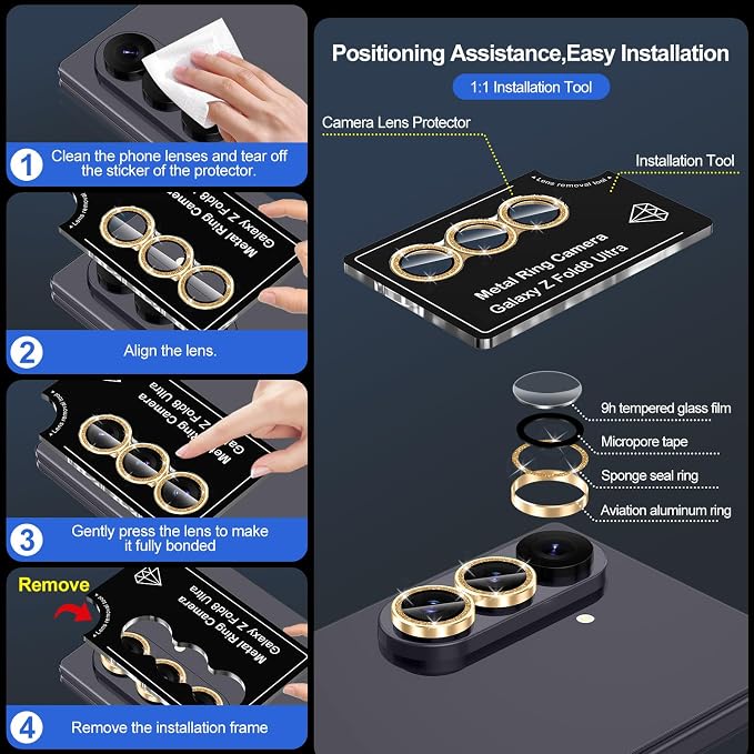 for Samsung Galaxy Z Fold 8 Ultra Camera Lens Protector, Individual Metal Ring Tempered Glass Lens Cover, [Strong Adsorption] Scratch Resistant Ultra-Thin HD Clear Lens Cover, 1 Set-Gold Sparkly - Image 7