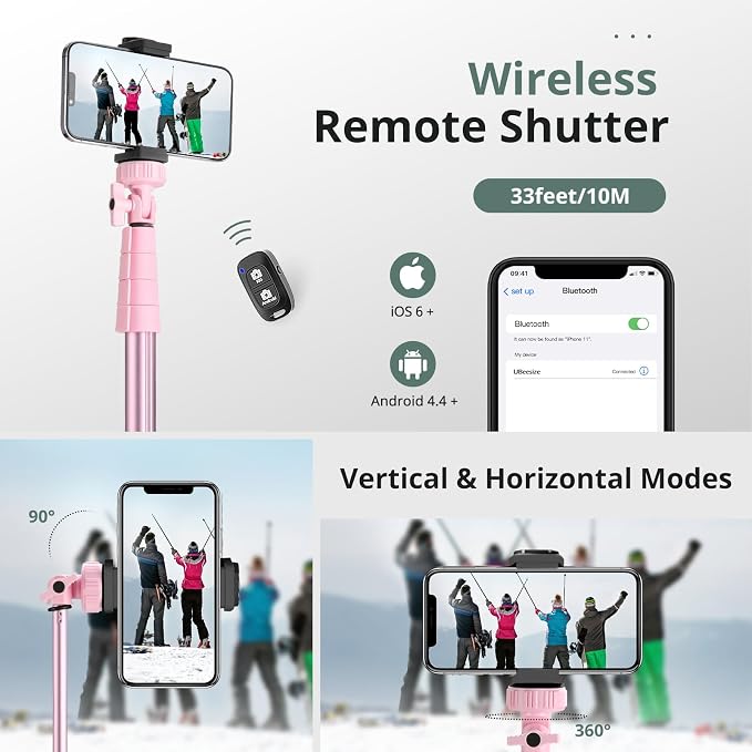 SENSYNE 72" Phone Tripod & Selfie Stick, Extendable Cell Phone Tripod Stand with Wireless Remote and Phone Holder, Compatible with iPhone Android Phone, Camera, Pink - Image 6