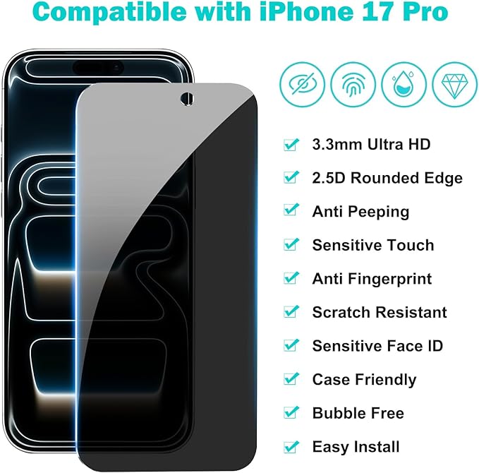 PEHAEL for iPhone 17 Pro Privacy Screen Protector+Camera Lens Protector | 3+3 Pack, Installation Frame, Cleaning kits, Anti-Spy Private, Anti-Scratch, 9H Tempered Glass, Case Friendly, [6.3 inch] - Image 2