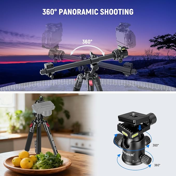 NEEWER Basics 64.5" Horizontal Overhead Tripod Monopod for Dual Camera Aluminum Travel DSLR Camcorder Stand with Cell Phone Holder Compatible with iPhone for Video Recording, 22lb/10kg Load, TP66 - Image 5