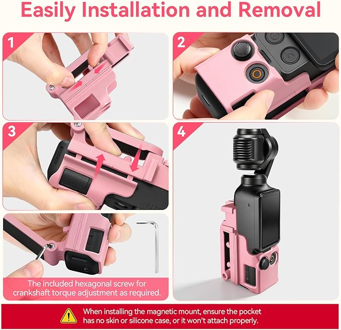 AMAZEAR Magnetic Mount Stand Compatible with DJI Osmo Pocket 4P/4/3/Xtra Muse, Pocket4 Accessories Adapter Clamp Magnet Suction Case Holder on Desktop/Vertical Surface, 180° Adjustable Handle, Pink - Image 9