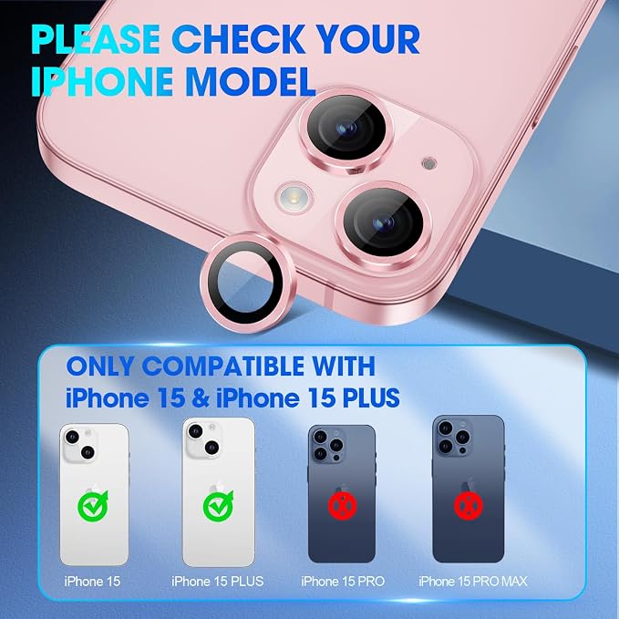 for iPhone 15/iPhone 15 Plus Camera Lens Protector Cover, Pink | Individual Metal, 9H Hardness, Scratch Resistant, Shockproof, Drop Protection, Case Friendly, Stylish Accessories - Image 2