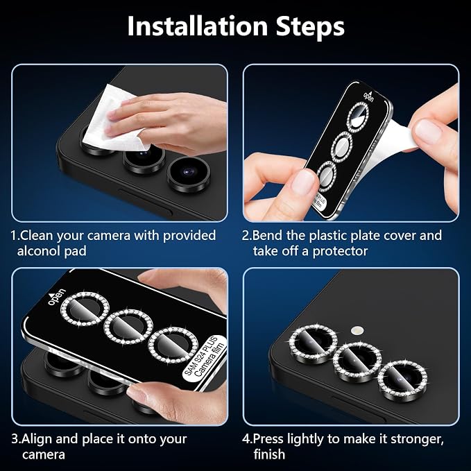 for Samsung Galaxy S24 Plus Camera Lens Protector, Individual Metal Ring Tempered Glass Lens Cover, [Strong Adsorption] Scratch Resistant Ultra-Thin HD Clear Lens Cover, 1 Set-Black Diamond - Image 6