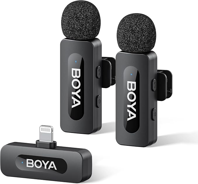 BOYA BY-V2 Wireless Microphones for iPhone iPad with MFi Certified Lightning Port, 328ft Range, 9H Battery Life, Noise Reduction Mini Mic Clip on Lapel Microphone Wireless for Video Recroding by BOYA