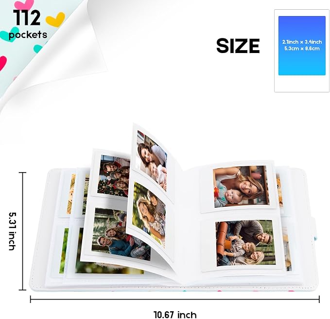 Ruibytree 112-Pocket Small Photo Album for 2x3 Pictures, Hearts Blue,1 Pack | Pocket-Size, PU Leather Cover, Snap Closure, Acid-Free Pages, Fits Polaroid 2x3 Photos, Kodak Mini Prints & ZINK Photos - Image 3