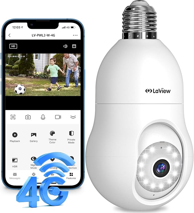 LaView 4G LTE Cellular Light Bulb Security Camera,360°2K Security Cameras Wireless Outdoor Indoor 4MP Full Color Day and Night,Motion Detection, Audible Alarm,Easy Installation,Compatible with Alexa by LaView