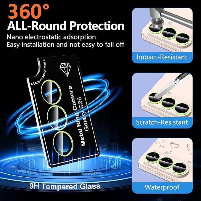 for Samsung Galaxy S26 Camera Lens Protector, Individual Metal Ring Tempered Glass Lens Cover, [Strong Adsorption] Scratch Resistant Ultra-Thin HD Clear Lens Cover, 1 Set-Yellow Shine - Image 4