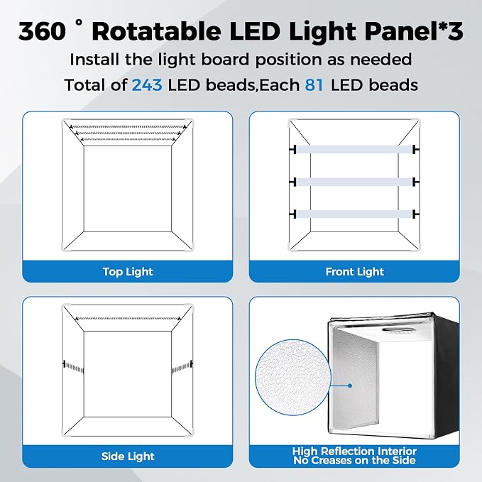 Photo Light Box, Portable 12/16/20/24/32 Inch Photo Studio Light Box, Shooting Tent Kit with 243 Light Beads and 6 Color Backdrops.Lightbox with 3 Stepless Dimming Light Boards for Product Photography - Image 4