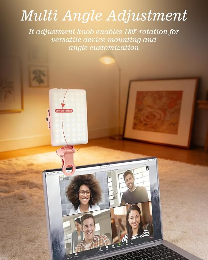 60 LED Portable Selfie Light Video Conference Lighting with Clip & Camera Tripod Adapter Rechargeable 2000mAh CRI 97+, 3 Light Modes for Phone iPhone Webcam Laptop Photo Makeup (Pastel Pink) - Image 6