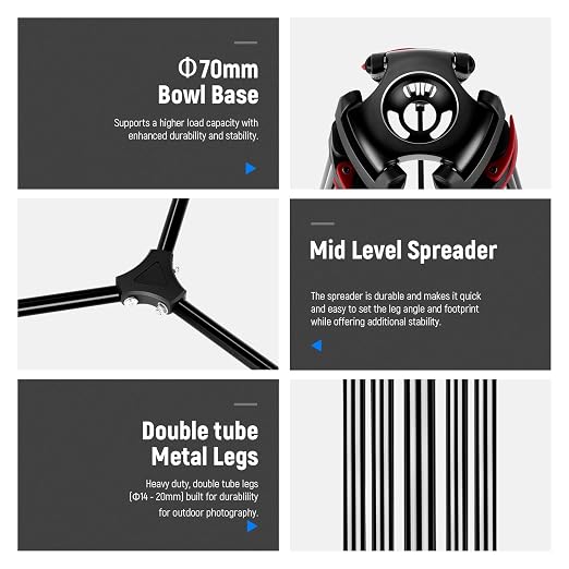 NEEWER 79"/200cm Video Tripod, Heavy Duty Aluminum Alloy Camera Tripod Stand with 360° Fluid Drag Head, QR Plate Compatible with Canon Nikon Sony and Other DSLR Camera Camcorder, Load Up to 17.6lb/8kg - Image 3