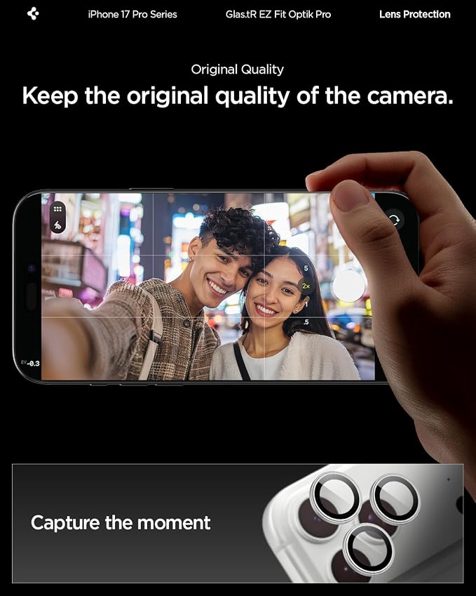 Spigen Camera Lens Protector for iPhone 17 Pro Max / 17 Pro - Silver | GlasTR EZ Fit Optik Pro, 9H+ Tempered glass, Scratch resistant, Auto-align tray, Original photo quality, Case-friendly, 2Pack - Image 3