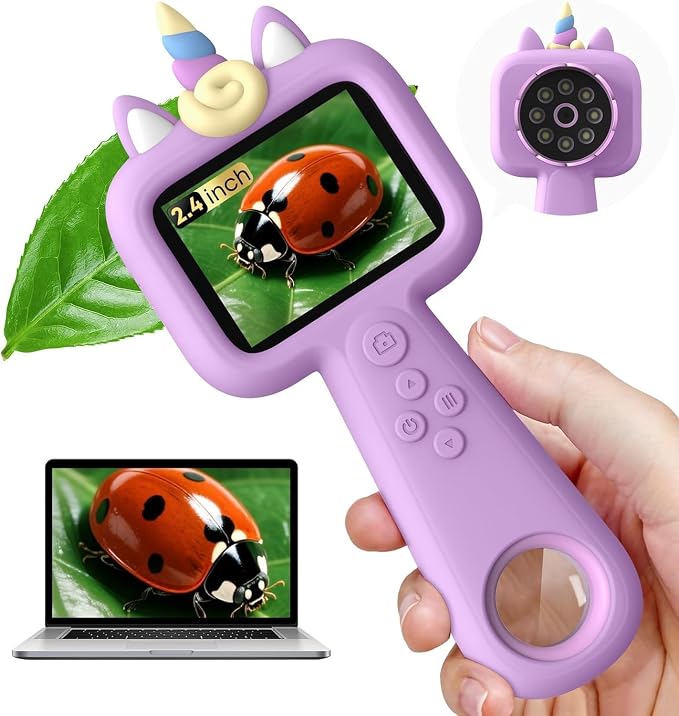 Kids Microscope, 2.4" Screen Handheld Digital Microscope 600X with 4K Camera & 8 LED Lights, Portable Pocket Microscope for Bugs Plants Nature Exploration, STEM Science Toy Gift Ages 3-12（Purple） by CareYou
