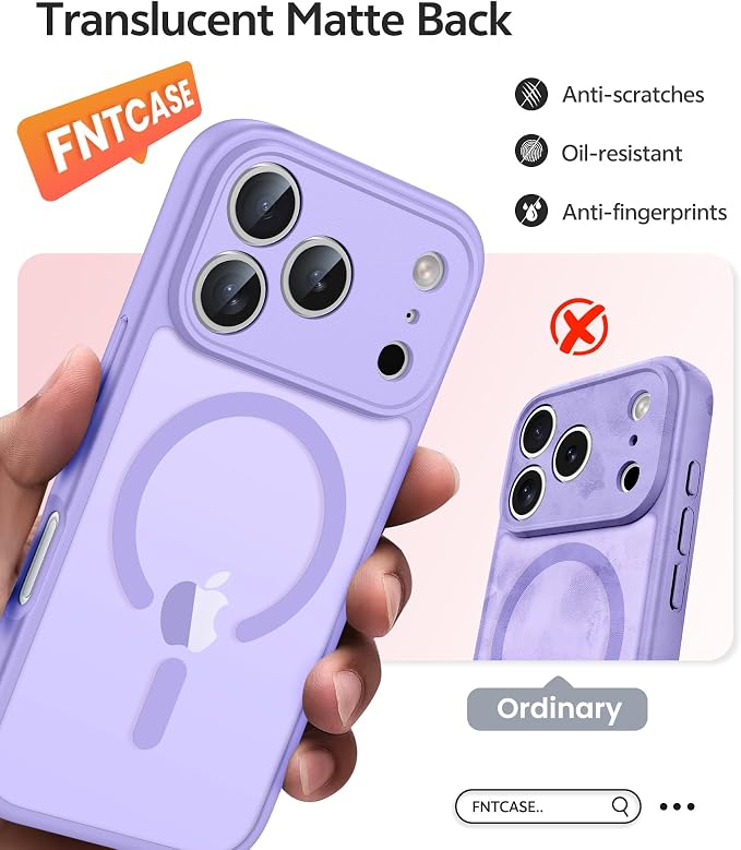 FNTCASE for iPhone 17 Pro Case, Fit for Magsafe, Screen Protector | Full Camera Protection, Translucent Matte, 14FT Military Grade Drop Proof, Shockproof Protective Phone Cover,Light Purple - Image 6
