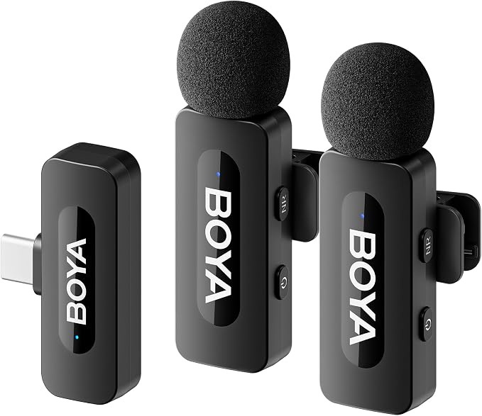 BOYA BY-V20 USB-C Wireless Microphone for Android Type-C,iPhone 16/15,328FT Los Range,9H Battery,Noise Reduction Mini Wireless Lavalier Lapel Mics for Interview YouTube TikTok(2TX+1RX) by BOYA