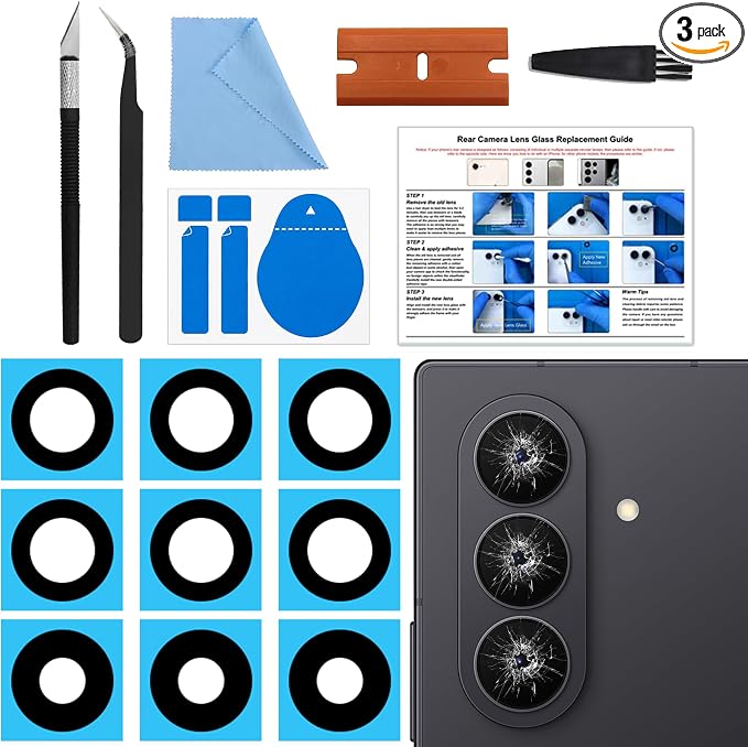 3-Pack Rear Camera Lens Glass Replacement Kit Compatible with Galaxy Z Fold 7, with Pre-Cut Tape + Repair Tools + Instruction Manual by BATLABB