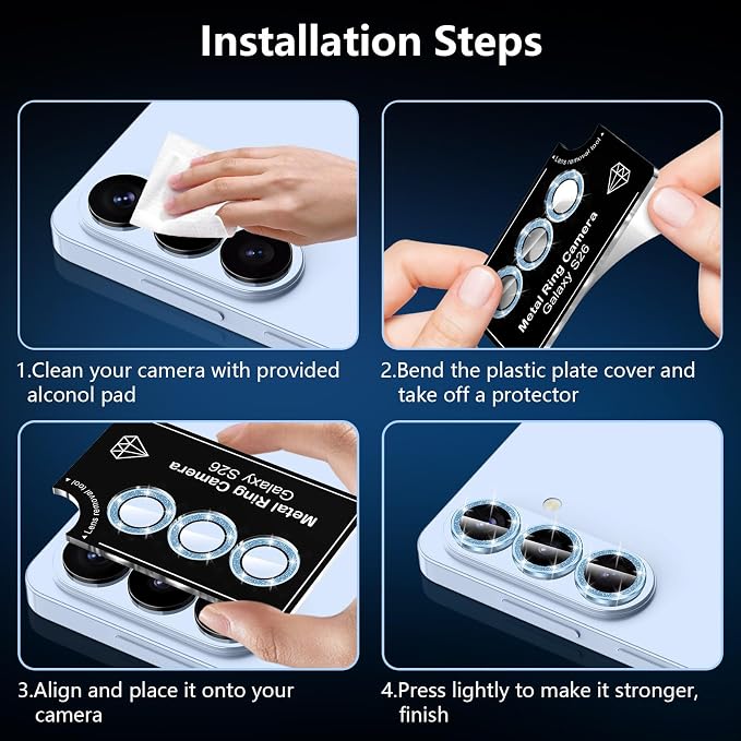 for Samsung Galaxy S26 Camera Lens Protector, Individual Metal Ring Tempered Glass Lens Cover, [Strong Adsorption] Scratch Resistant Ultra-Thin HD Clear Lens Cover, 1 Set-Blue Sparkly - Image 7