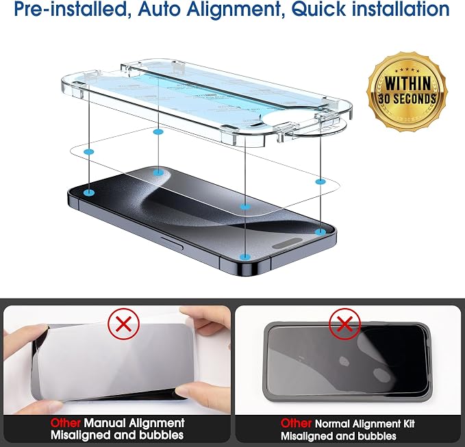 amFilm OneTouch for iPhone 15 Pro Screen Protector 6.1'' Tempered Glass | Auto-Alignment, 30s Install, Bubble Free, Scratch & Drop Protection, HD Clear, Camera Lens Protector[2+2 Pack] (15P-6.1'') - Image 3