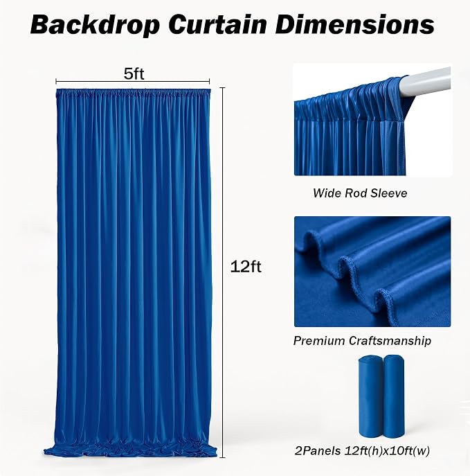 10x12 ft Royal Blue Backdrop Curtains for Weddings, Birthdays and Photos | 2 Panels 5x12 ft, Wrinkle-Free Polyester Drapes, Washable, Ironable, 4 in Rod Pocket for Baby Showers Photography Background - Image 6