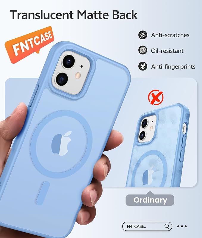 FNTCASE for iPhone 13/12 Mini Case, Fit for Magsafe, Translucent Matte Back | Magnetic Phone Cases, 14FT Military Grade Drop Protection, Slim Shockproof Protective Cover, Light Blue - Image 6
