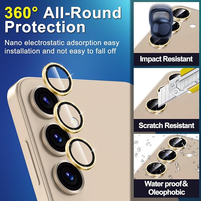 for Samsung Galaxy S24 Camera Lens Protector, Individual Metal Ring Tempered Glass Lens Cover, [Strong Adsorption] Scratch Resistant Ultra-Thin HD Clear Lens Cover, 2 Set-Gold Sparkly - Image 3
