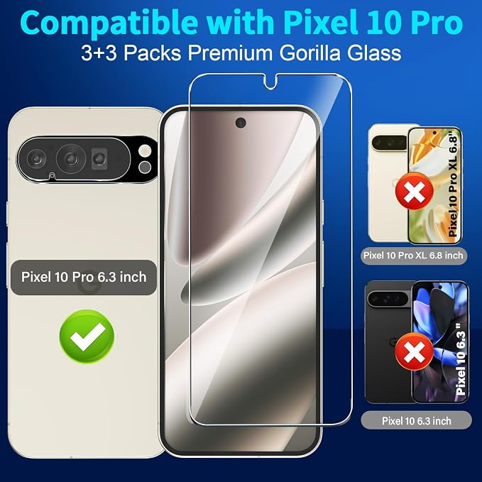 letosan 3 Pack for Google Pixel 10 Pro Screen Protector Tempered Glass + 3 Pack Camera Lens Protector, Military Grade Shatterproof, 9H Hardness, Fingerprint Unlock,Case Friendly 6.3 Inch - Image 2