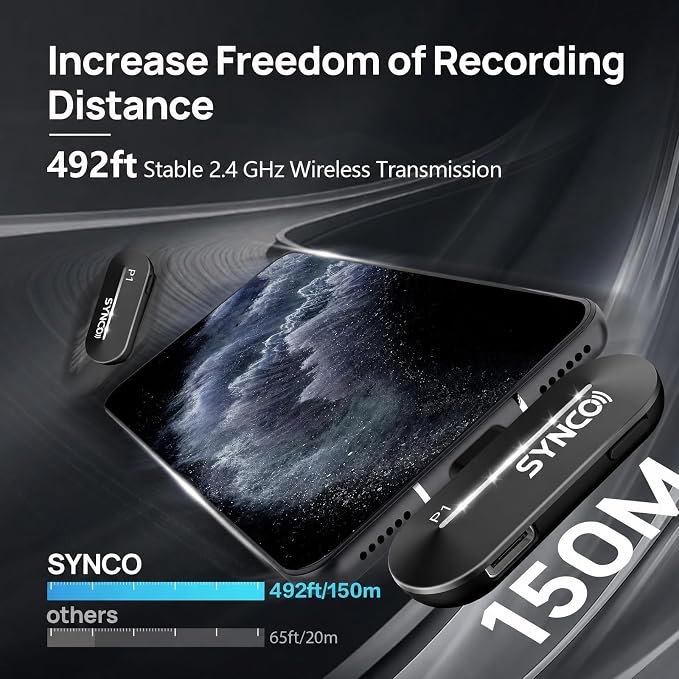 SYNCO Wireless Lavalier Microphone for iPhone, Mini Wireless Lapel Mic with Noise Cancellation, 492ft/150m Range, Real-Time Monitoring, Plug & Play for TikTok, YouTube, Vlog, Streaming & Interview - Image 2