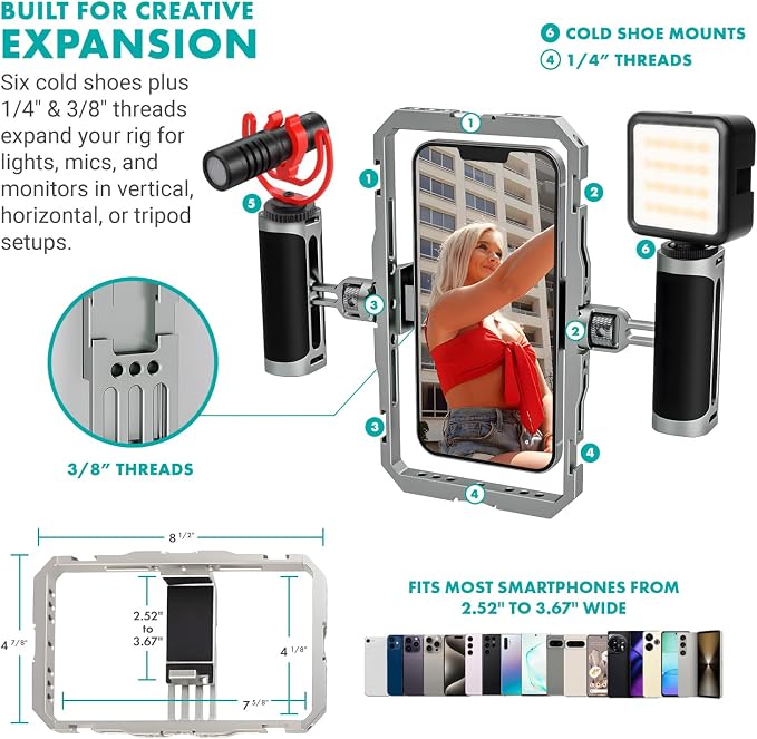 Movo iFilmer-PRO Smartphone Video Rig Kit | Stabilizer Cage, Dual Grips, VXR10 Shotgun Microphone, iPhone/Android - Image 4