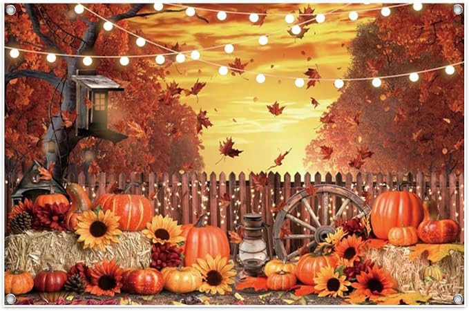 Fall Banner 10x7ft Polyester Harvest Hay Farm Pumpkin Patch Backdrop Sunflower Maple Photo Backdrops Thanksgiving Banner Decorations for Party by Leowefowa