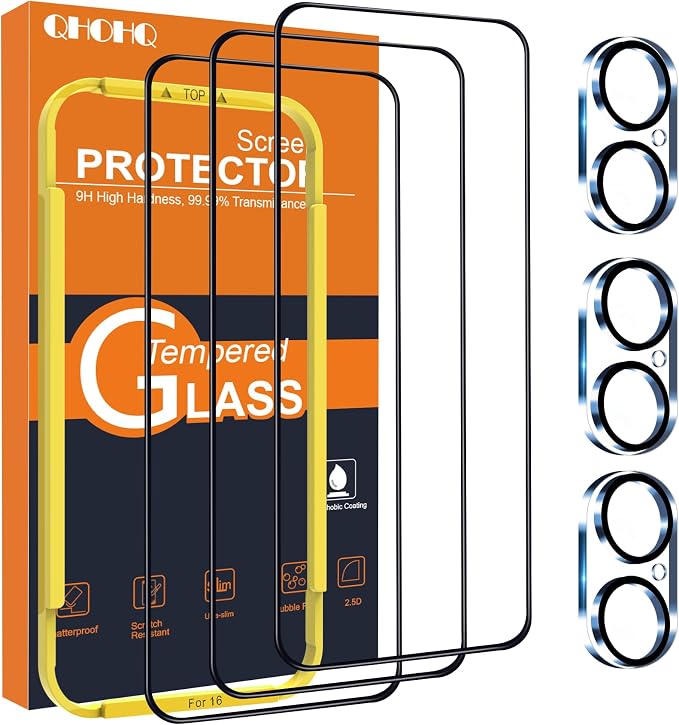 QHOHQ iPhone 16 Screen Protector + Camera Lens Protector, 3+3 Pack | Military Grade Shatterproof, Top 9H+ Tempered Glass, Full Edge Coverage, Bubble-Free, Ultra Durable, Easy Installation Tool by QHOHQ