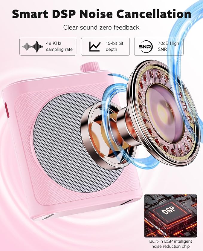 Tearstone Voice Amplifier for Teachers with Bluetooth, Dual Magnetic Mics | Portable Rechargeable Speaker with Clip-On Lapel Microphones for Classroom, Tour Guide, Public Speaking, Training (Pink) - Image 3