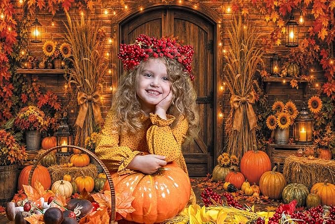 10x8ft Fall Thanksgiving Photo Backdrop Rustic Barn Wooden Door Backdrop | Autumn Brick Wall Maple Leaf String Light Photography Background Pumpkin Sunflower Haystack Harvest Party Decorations Banner - Image 5