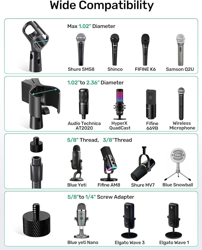 19 Inch Gooseneck Microphone Holder for Podium, 【Heavy-Duty】 2.5 lb Max | Thickened Aluminum Flexible Gooseneck, 2 Mic Holders, 1/4" and 3/8" Adapters, Desk Clamp, Ideal for Gaming, Podcast - Image 6