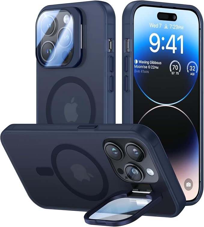 VOFATA for iPhone 14 Pro Max Case with Camera Cover Stand [Built-in 9H Camera Lens Protector][Fit for Magsafe] Military Grade Shockproof Translucent Matte Magnetic Phone Case 6.7", Blue by VOFATA