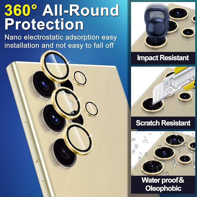 for Samsung Galaxy S24 Ultra Camera Lens Protector, Individual Metal Ring Tempered Glass Lens Cover, [Strong Adsorption] Scratch Resistant Ultra-Thin HD Clear Lens Cover, 2 Set-Gold Sparkly - Image 3